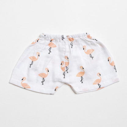 Aariro White & Pink Shorts-Flamingo and Leaves Print-Organic Cotton Muslin-Pack of 3-For Infants