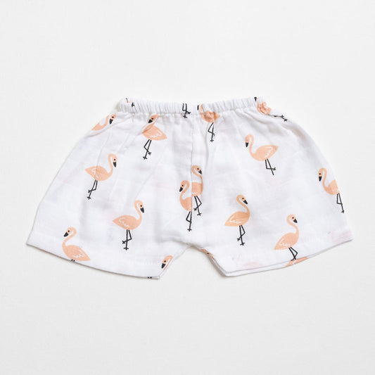 Aariro White & Pink Shorts-Flamingo and Leaves Print-Organic Cotton Muslin-Pack of 3-For Infants