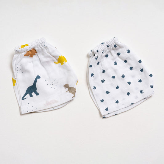 Aariro White Shorts-Dinosaur Print-Organic Cotton Muslin-Pack of 2-For Infants