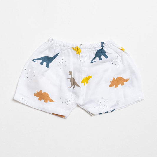 Aariro White Shorts-Dinosaur Print-Organic Cotton Muslin-Pack of 2-For Infants