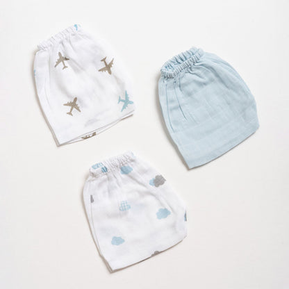 Aariro White & Blue Shorts-Aeroplane and Cloud Print-Organic Cotton Muslin-Pack of 3-For Infants