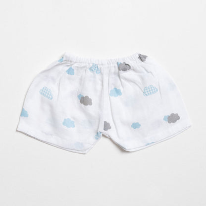 Aariro White & Blue Shorts-Aeroplane and Cloud Print-Organic Cotton Muslin-Pack of 3-For Infants