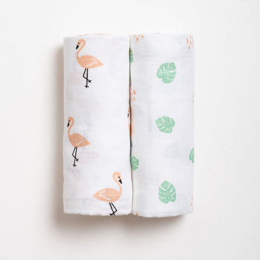 Aariro Muslin Swaddle-Tropical Flamingo-Pack of 2-Organic Cotton-Infant Wraps