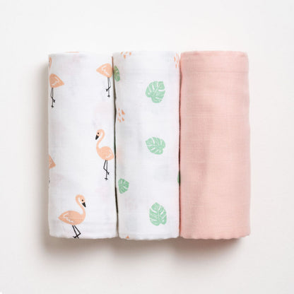 Aariro Muslin Swaddle-Tropical Flamingo-Pack of 3-Organic Cotton-Infant Wraps