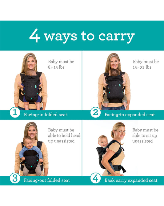 Infantino Flip 4-in-1 Convertible Baby Carrier-With 4 Carrying Positions-Head Support For Extra Comfort-Adjustable Waist Belt-For 0 to 3Y ( 3.5 to 14 Kg)-Black Denim