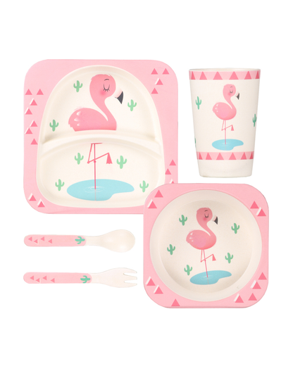 Polka Tots Eco-Friendly Bamboo Fiber Meal Set-Flamingo-Set of 5-For Feeding Infants