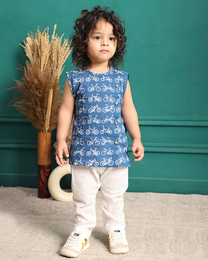 Polka Tots Navy Blue Jhabla Set-Cotton-Cycle Print-For Infants