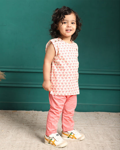 Polka Tots White & Pink Jhabla Set-Cotton-Camel Print-For Infants