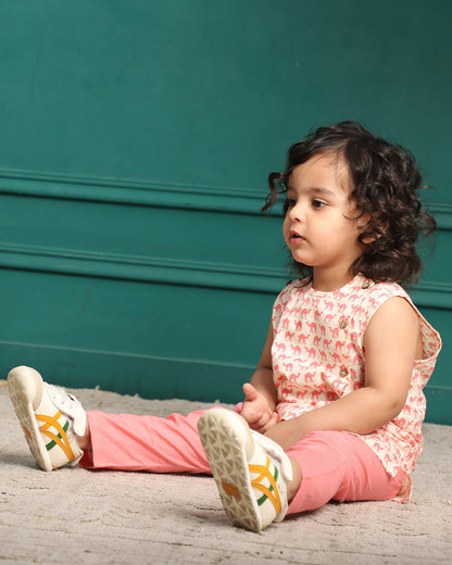 Polka Tots White & Pink Jhabla Set-Cotton-Camel Print-For Infants