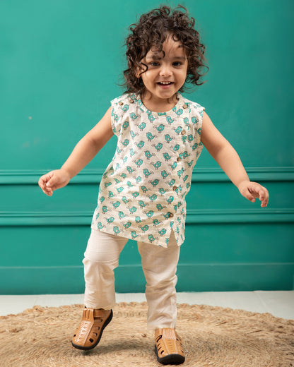 Polka Tots Cream & Sea Blue Jhabla Set-Cotton-Bird Print-For Infants