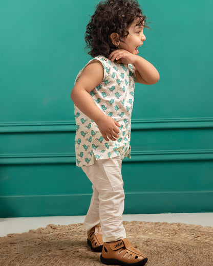 Polka Tots Cream & Sea Blue Jhabla Set-Cotton-Bird Print-For Infants