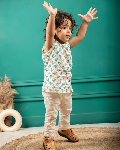 Polka Tots Cream & Sea Blue Jhabla Set-Cotton-Bird Print-For Infants