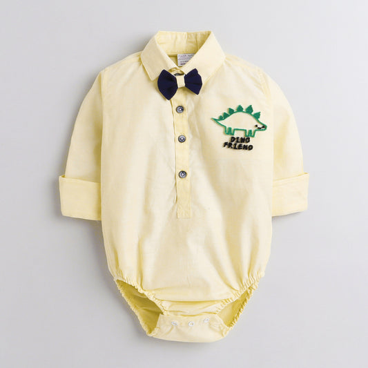 Polka Tots Yellow Romper-Denim-Dinosaur Print-For Infants