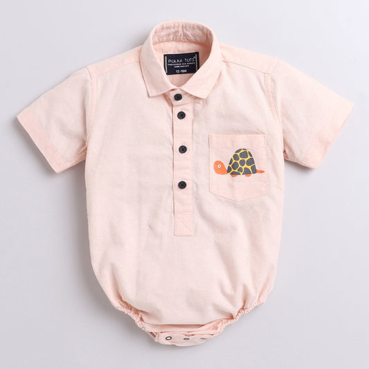 Polka Tots Peach Romper-Cotton-Turtle Print-For Infants