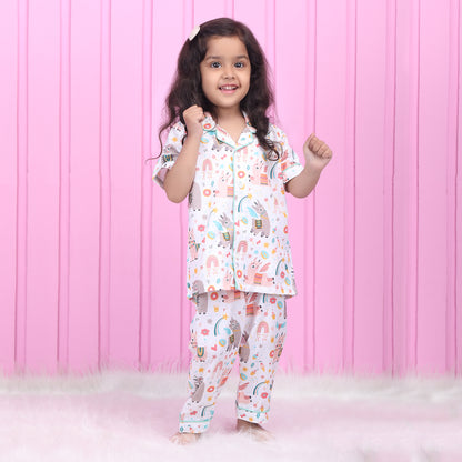 Polka Tots White Nightsuit-Cotton-Rainbow Print-For Infants