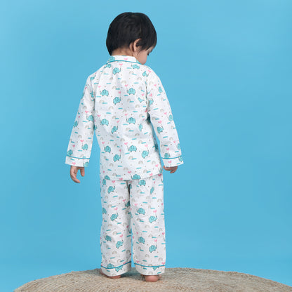 Polka Tots White Nightsuit-Cotton-Elephant Print-For Infants