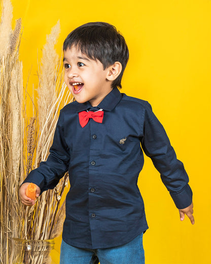 Polka Tots Navy Blue Shirt-Cotton-For Infants