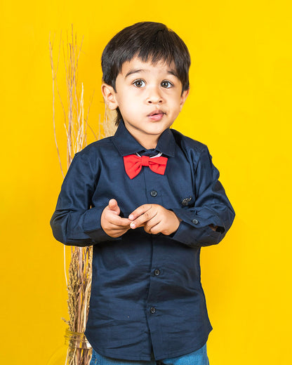 Polka Tots Navy Blue Shirt-Cotton-For Infants