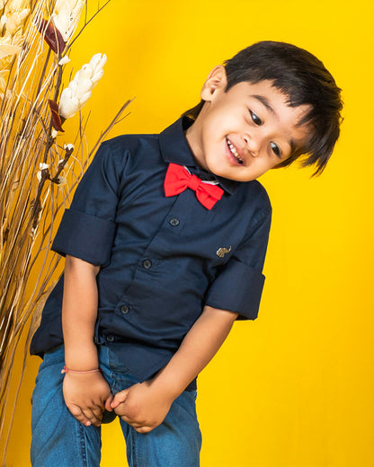 Polka Tots Navy Blue Shirt-Cotton-For Infants