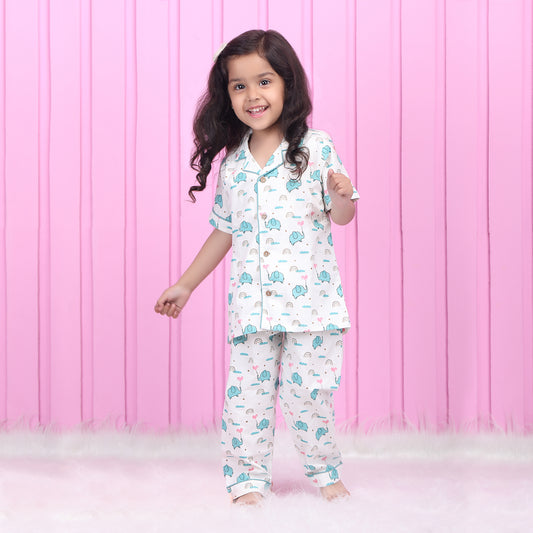 Polka Tots White & Pink Nightsuit-Cotton-Elephant Print-For Infants