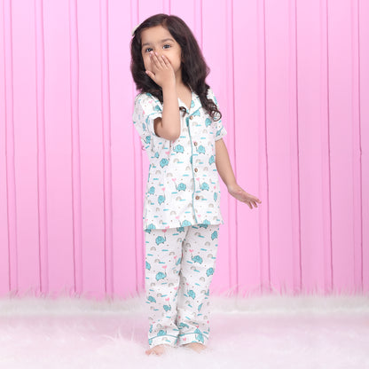 Polka Tots White & Pink Nightsuit-Cotton-Elephant Print-For Infants