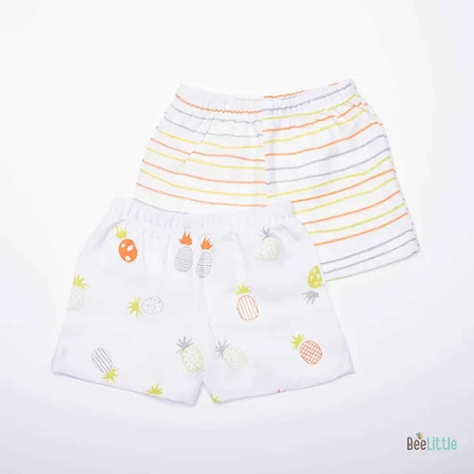 BeeLittle White Shorts-Pineapple Vibes-Organic Muslin-Pack of 2-For Infants