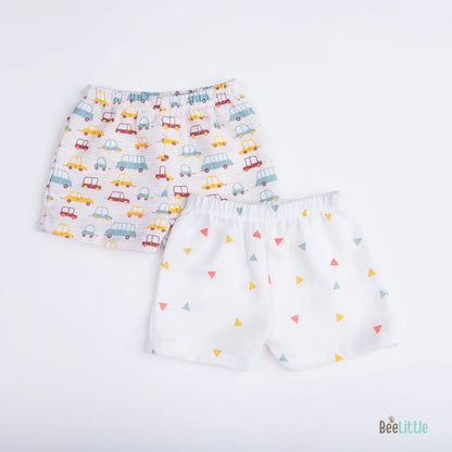 BeeLittle White Shorts-Cars-Organic Muslin-Pack of 2-For Infants