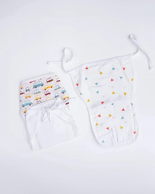 BeeLittle Cars 2.0 Knotted Nappy-Organic Cotton-Washable & Reusable-0 to 3M-Pack of 3