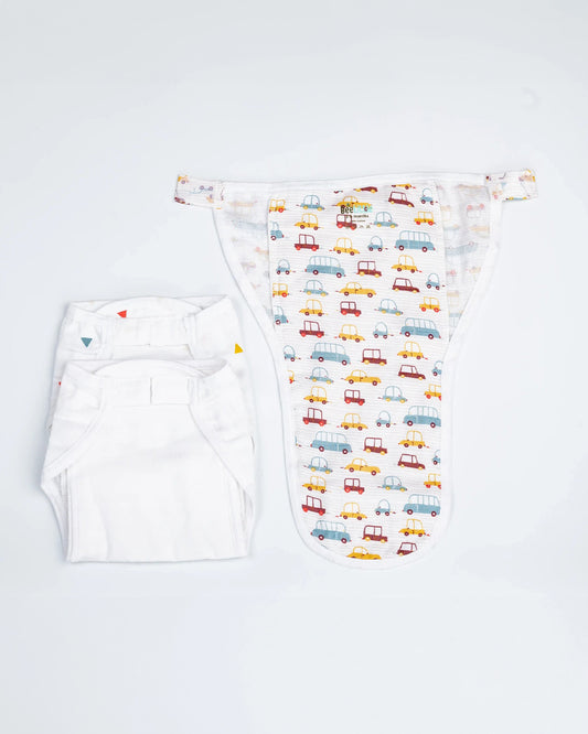 BeeLittle Cars 2.0 Velcro Nappy-Organic Cotton-Washable & Reusable-3 to 6M-Pack of 3