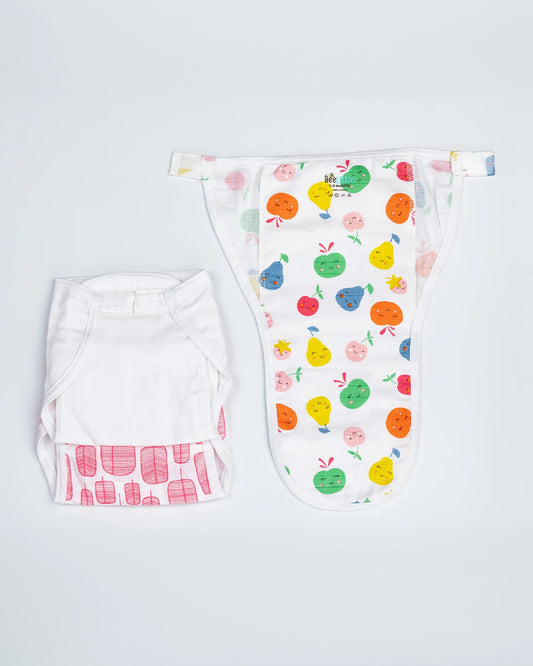 BeeLittle Fruit Punch Velcro Nappy-Organic Cotton-Washable & Reusable-3 to 6M-Pack of 3