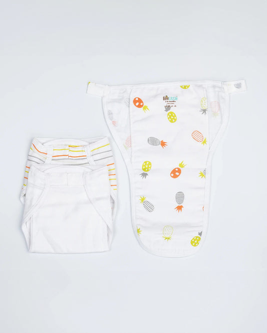 BeeLittle Pineapple Vibes Velcro Nappy-Organic Cotton-Washable & Reusable-3 to 6M-Pack of 3