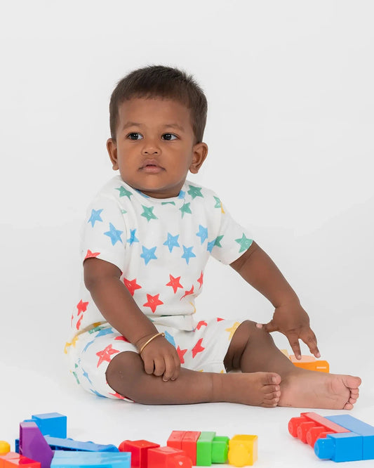 BeeLittle White T-shirt & Shorts-Stars in Hue-Organic Cotton-For Infants