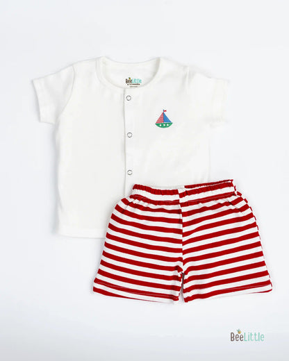 BeeLittle White & Red Jhabla Set-Boat Club-Organic Cotton-For Infants