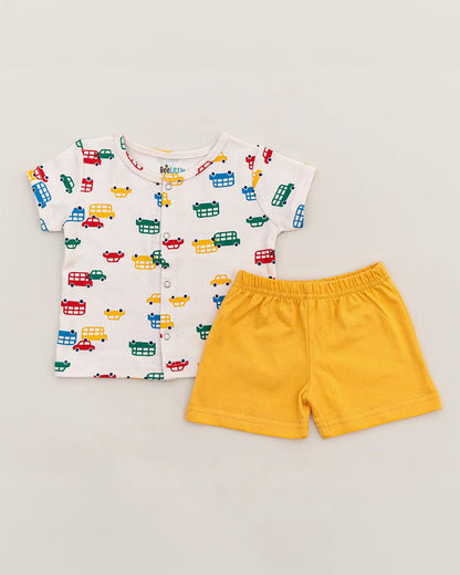 BeeLittle White & Yellow Jhabla Set-Cars-Organic Cotton-For Infants