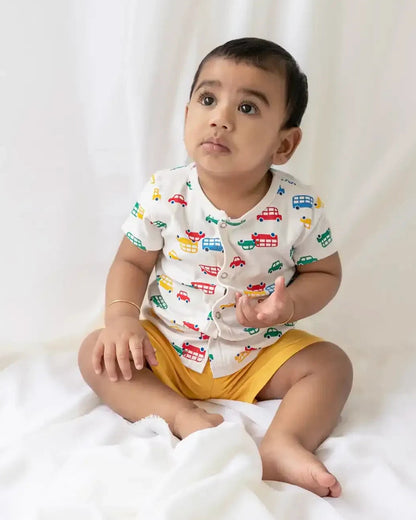 BeeLittle White & Yellow Jhabla Set-Cars-Organic Cotton-For Infants