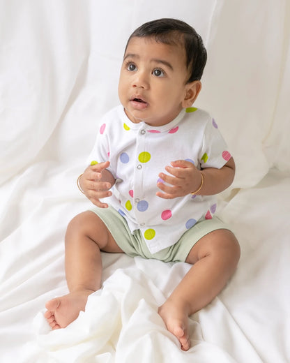 BeeLittle White & Green Jhabla Set-Dotty Dot-Organic Cotton-For Infants