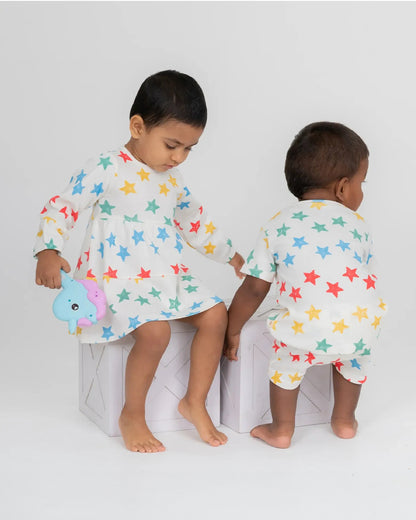 BeeLittle White Frock Dress-Stars in Hue-Organic Cotton-For Infants