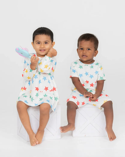 BeeLittle White Frock Dress-Stars in Hue-Organic Cotton-For Infants