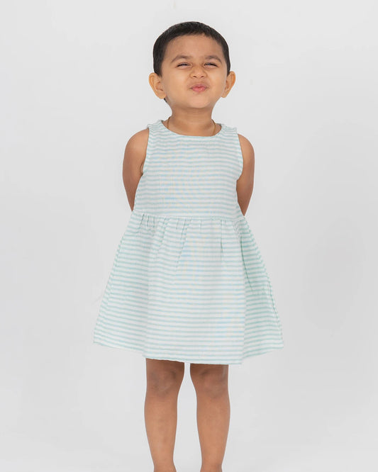 BeeLittle White & Blue Frock Dress-Aqua Stripes-Muslin-For Infants