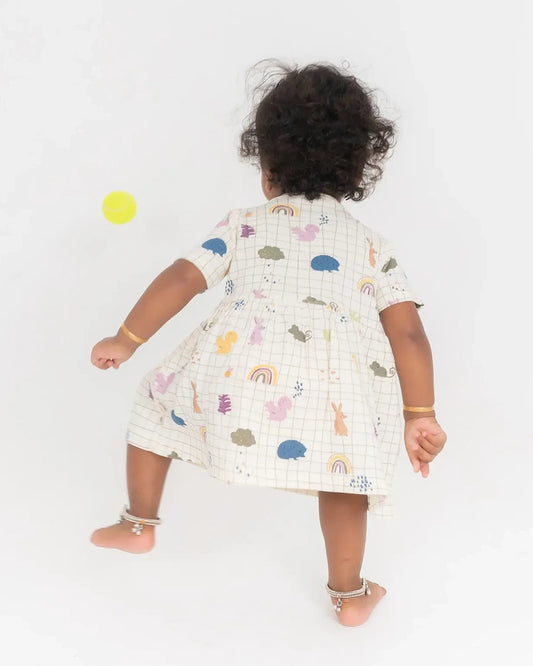 BeeLittle White Frock Dress-Check N Flowers-Organic Cotton-For Infants