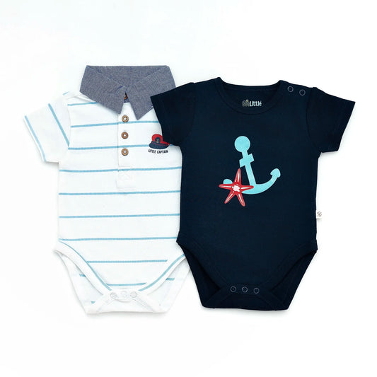 BeeLittle Blue & White Bodysuit-Anchor-Organic Cotton-Pack of 2-For Infants