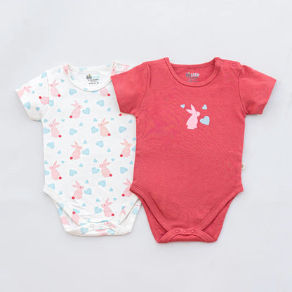 BeeLittle Pink & White Bodysuit-Bunny N Heart-Organic Cotton-Pack of 2-For Infants