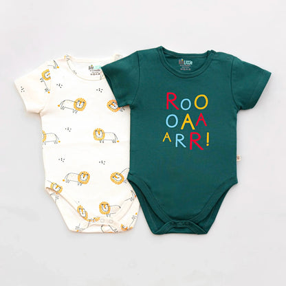 BeeLittle Cream & Green Bodysuit-Roar-Organic Cotton-Pack of 2-For Infants