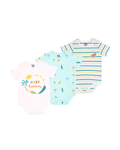 Kicks & Crawl Blue & White Onesie-Hello Summer-Cotton-Pack of 3-For Infants