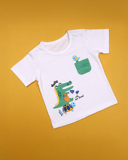 Kicks & Crawl White T-shirt-Animal Friends-Cotton-For Infants