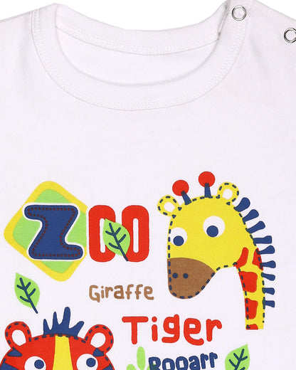 Kicks & Crawl White T-shirt-Zoo Day-Cotton-For Infants