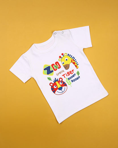 Kicks & Crawl White T-shirt-Zoo Day-Cotton-For Infants