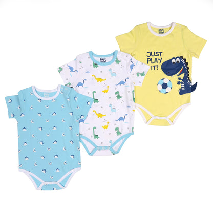 Kicks & Crawl Blue & Yellow Onesie-Playtime-Cotton-Pack of 3-For Infants