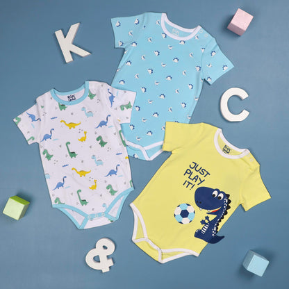 Kicks & Crawl Blue & Yellow Onesie-Playtime-Cotton-Pack of 3-For Infants