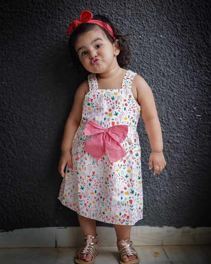 Kicks & Crawl Pink Frock Dress-Bow & Flowers-Cotton-For Infants